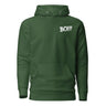 Green "BOI!!!" hoodie symbolizing growth and mentorship, featuring a bold white text on the front.