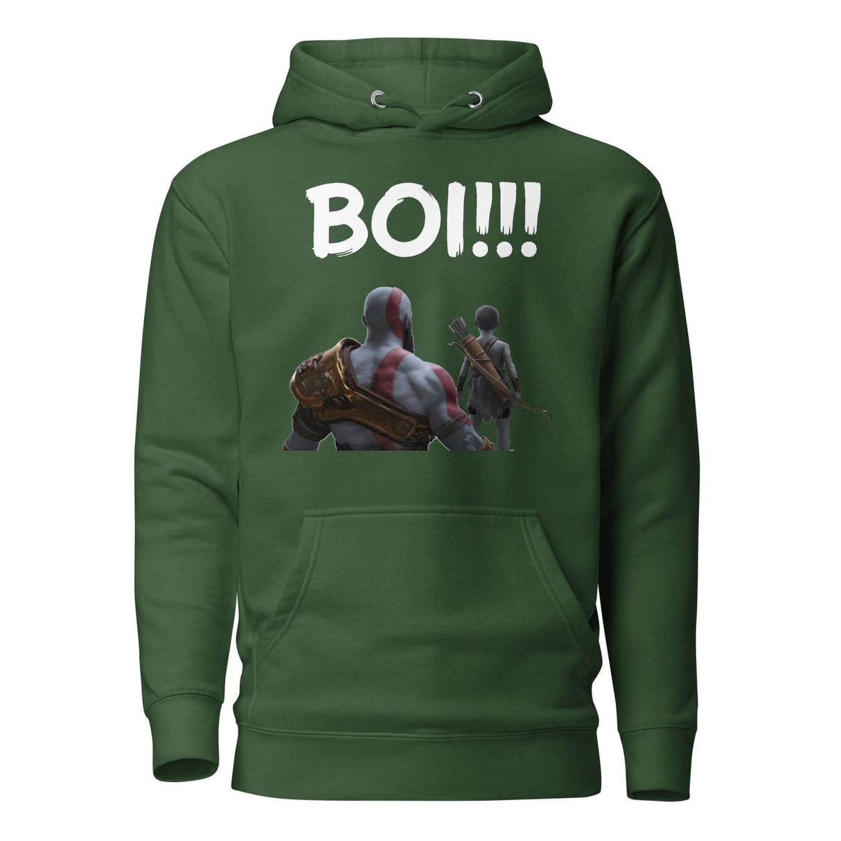 Green Epic Mentor 'BOI!!!' hoodie featuring mentor and protégé silhouette, inspired by epic tales and Chris Judge's roles.