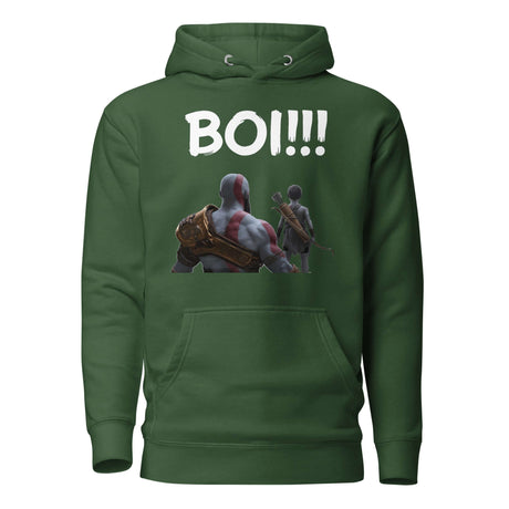 Green Epic Mentor 'BOI!!!' hoodie featuring mentor and protégé silhouette, inspired by epic tales and Chris Judge's roles.