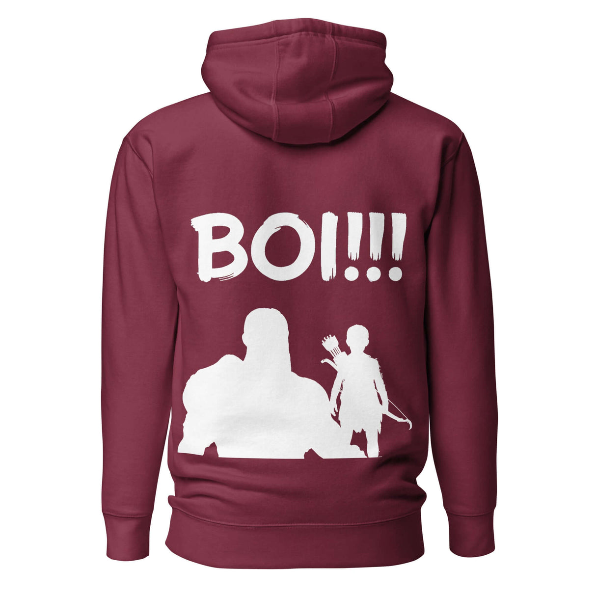 Maroon 'BOI!!!' hoodie featuring silhouette design of mentor and young protégé with quiver and bow on the back.