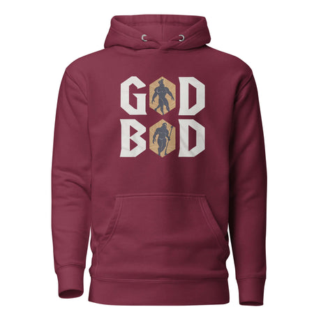 Burgundy hoodie with "GOD BOD" in ancient Greek font, featuring deity silhouettes inside letters for a powerful, stylish look.