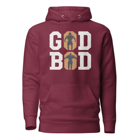 Olympian Strength GOD BOD hoodie in maroon with ancient Greek font and athlete silhouettes.