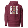 Olympian Strength GOD BOD hoodie in maroon with ancient Greek font and athlete silhouettes.