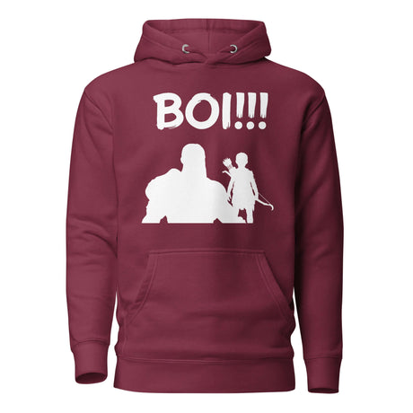 Legendary 'BOI!!!' Hoodie featuring a silhouette of an archer and warrior on a maroon background, symbolizing mentorship and strength.