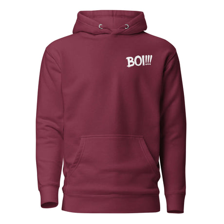 Classic maroon 'BOI!!!' hoodie, inspired by mentorship and growth, featuring bold text on the front.