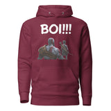 Maroon "BOI!!!" hoodie featuring a silhouette of mentor and protégé in a legendary adventure-inspired design.