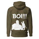 Olive green 'BOI!!!' hoodie featuring a silhouette of a mentor and a young protégé with bow and quiver design on the back.