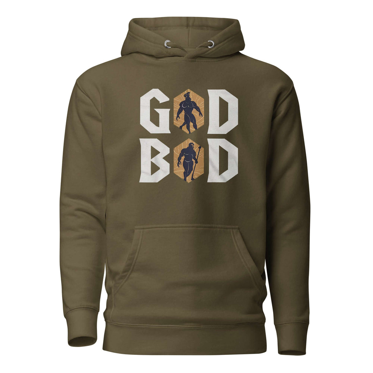 Olive 'GOD BOD' hoodie with bold white lettering and muscular deity silhouettes, inspired by ancient Greek power and style.