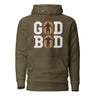 Olive green 'GOD BOD' hoodie with ancient Greek font and athlete silhouette design.