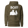 Olive hoodie with bold 'BOI!!!' text and silhouette design of a warrior and young archer, symbolizing mentorship and strength.