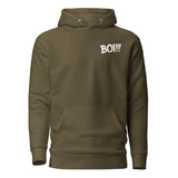 Olive green hoodie with "BOI!!!" text design, inspired by a legendary journey of growth and mentorship.