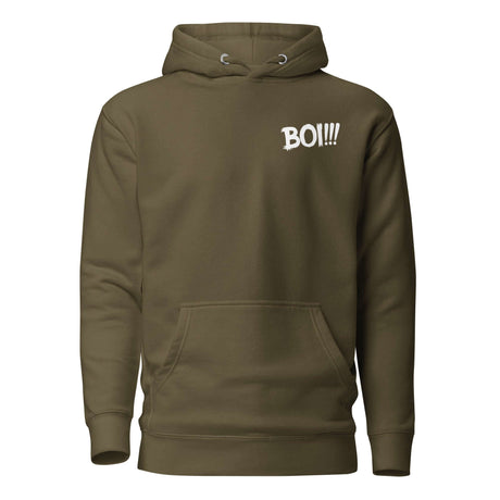 Olive green hoodie with "BOI!!!" text design, inspired by a legendary journey of growth and mentorship.