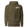 Olive green hoodie with "BOI!!!" text design, inspired by a legendary journey of growth and mentorship.