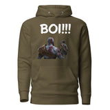 Olive 'BOI!!!' hoodie featuring a mentor and protégé graphic, inspired by epic storytelling and growth.