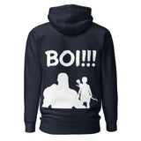 Legendary Journey 'BOI!!!' Hoodie featuring silhouette design of mentor and young protégé with quiver and bow on black hoodie.