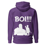 Purple 'BOI!!!' hoodie featuring silhouettes of mentor and protégé with bow, symbolizing growth and mentorship.