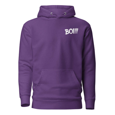 Purple "BOI!!!" hoodie inspired by legendary journeys and mentorship, featuring minimalist design and comfortable fit.