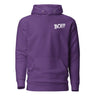 Purple "BOI!!!" hoodie inspired by legendary journeys and mentorship, featuring minimalist design and comfortable fit.