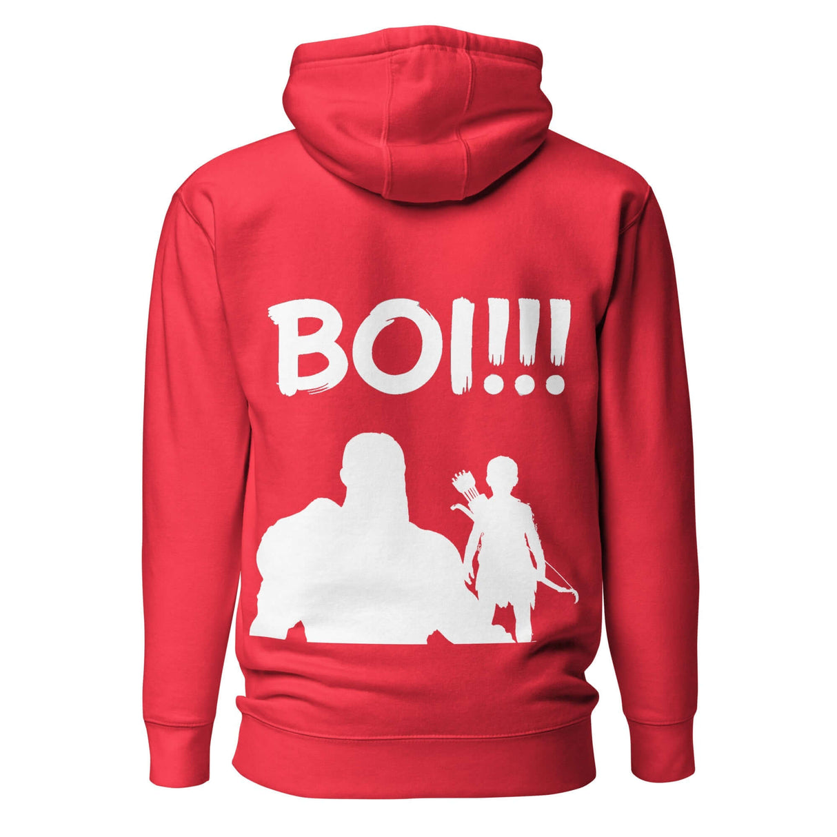 Red hoodie featuring 'BOI!!!' text with silhouettes of a mentor figure and a youthful protégé holding a bow and quiver.