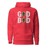 Red 'GOD BOD' hoodie with Greek deity silhouettes and ancient font design.