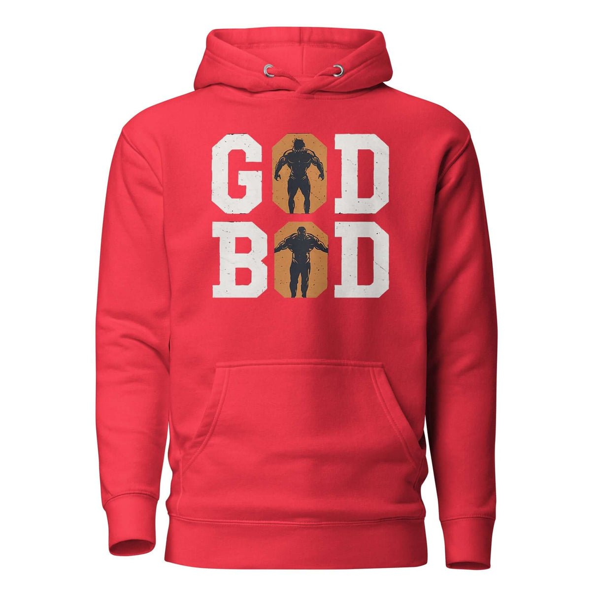 Red 'GOD BOD' hoodie with bold white letters in Greek font featuring silhouettes of muscular athletes, inspired by ancient Greek strength.