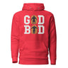 Red 'GOD BOD' hoodie with bold white letters in Greek font featuring silhouettes of muscular athletes, inspired by ancient Greek strength.