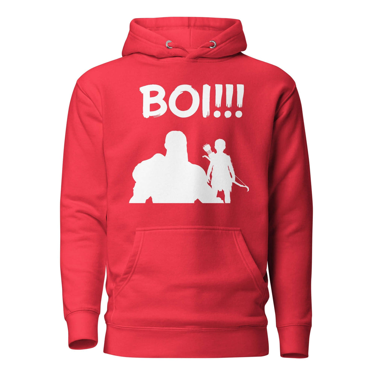 Red 'BOI!!!' hoodie with silhouette of a warrior and young archer, symbolizing mentorship and strength.