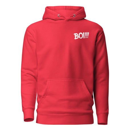 Red "BOI!!!" hoodie representing growth and mentorship, inspired by Chris Judge, with bold lettering on the chest.