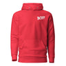 Red "BOI!!!" hoodie representing growth and mentorship, inspired by Chris Judge, with bold lettering on the chest.