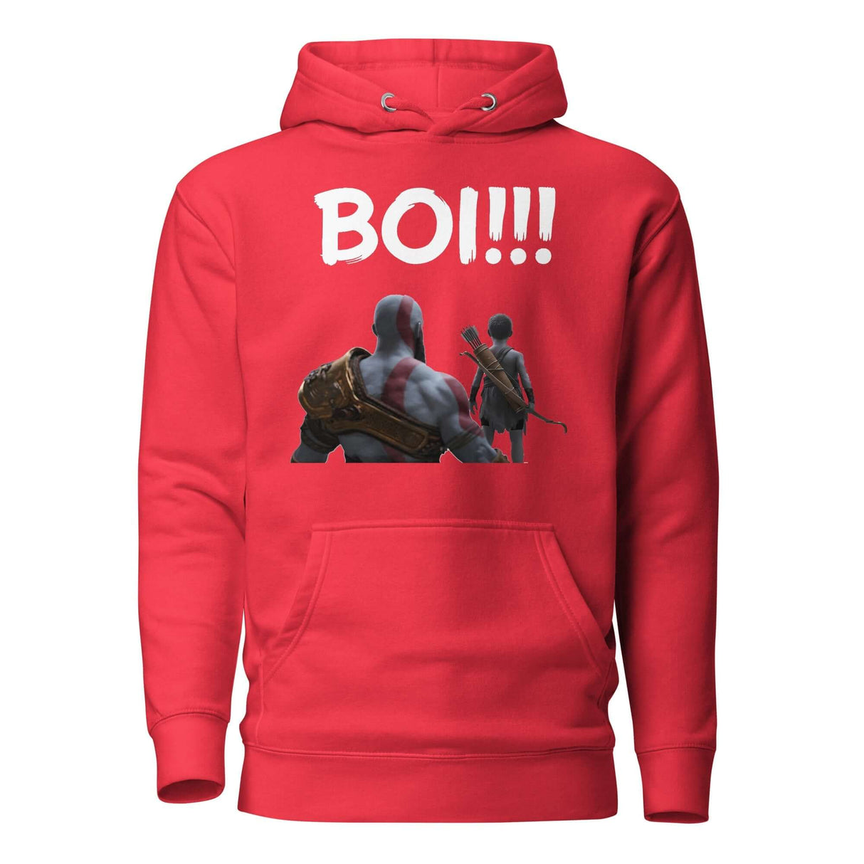 Red hoodie with 'BOI!!!' text and mentor-protégé silhouette graphic, inspired by epic mentorship and adventure themes.