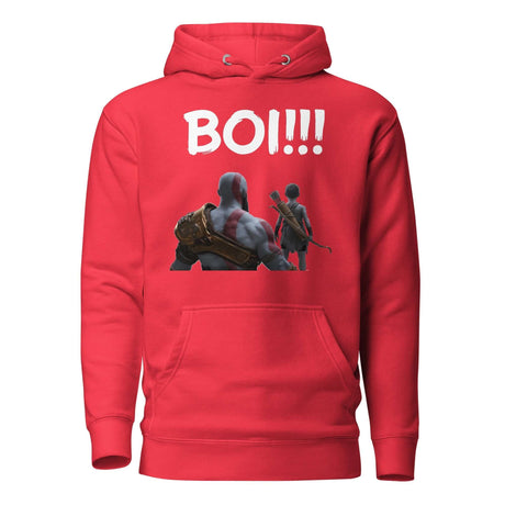 Red hoodie with 'BOI!!!' text and mentor-protégé silhouette graphic, inspired by epic mentorship and adventure themes.