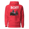 Red hoodie with 'BOI!!!' text and mentor-protégé silhouette graphic, inspired by epic mentorship and adventure themes.