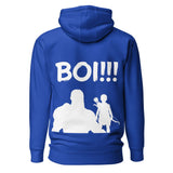 Blue hoodie featuring 'BOI!!!' text with silhouettes of a seasoned figure and a young archer, symbolizing mentorship and growth.