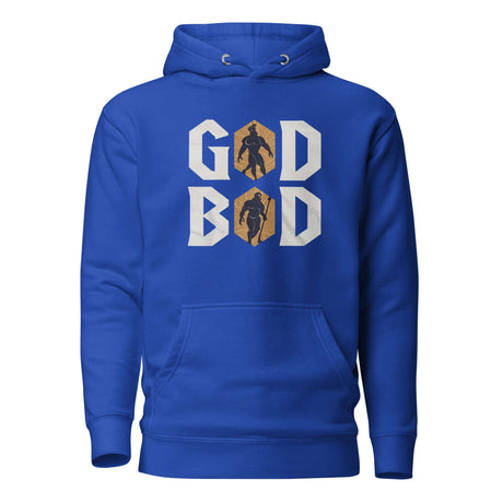 Blue "GOD BOD" hoodie with ancient Greek font and deity silhouettes, symbolizing strength and style.