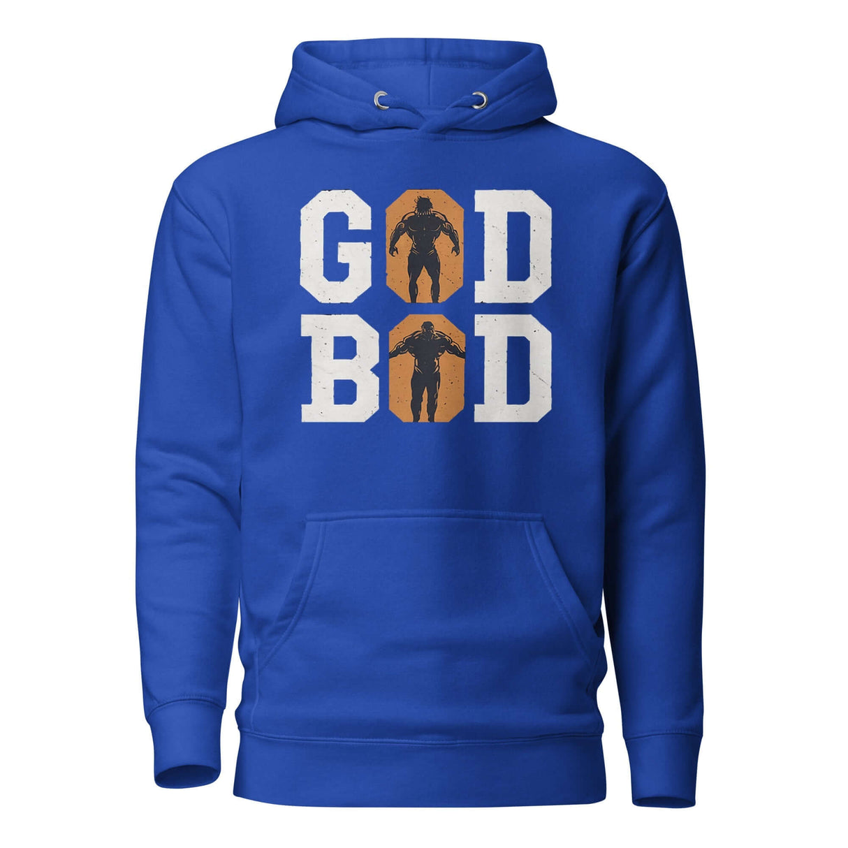 Blue "GOD BOD" hoodie with Greek athlete silhouettes and ancient Greek font design.