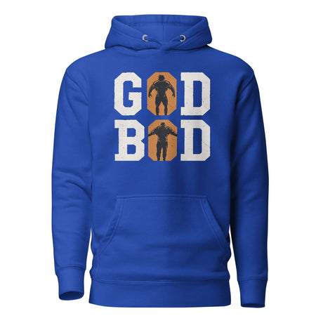 Blue "GOD BOD" hoodie with Greek athlete silhouettes and ancient Greek font design.