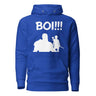 Blue 'BOI!!!' hoodie with silhouette of seasoned warrior and young archer, symbolizing mentorship and strength.