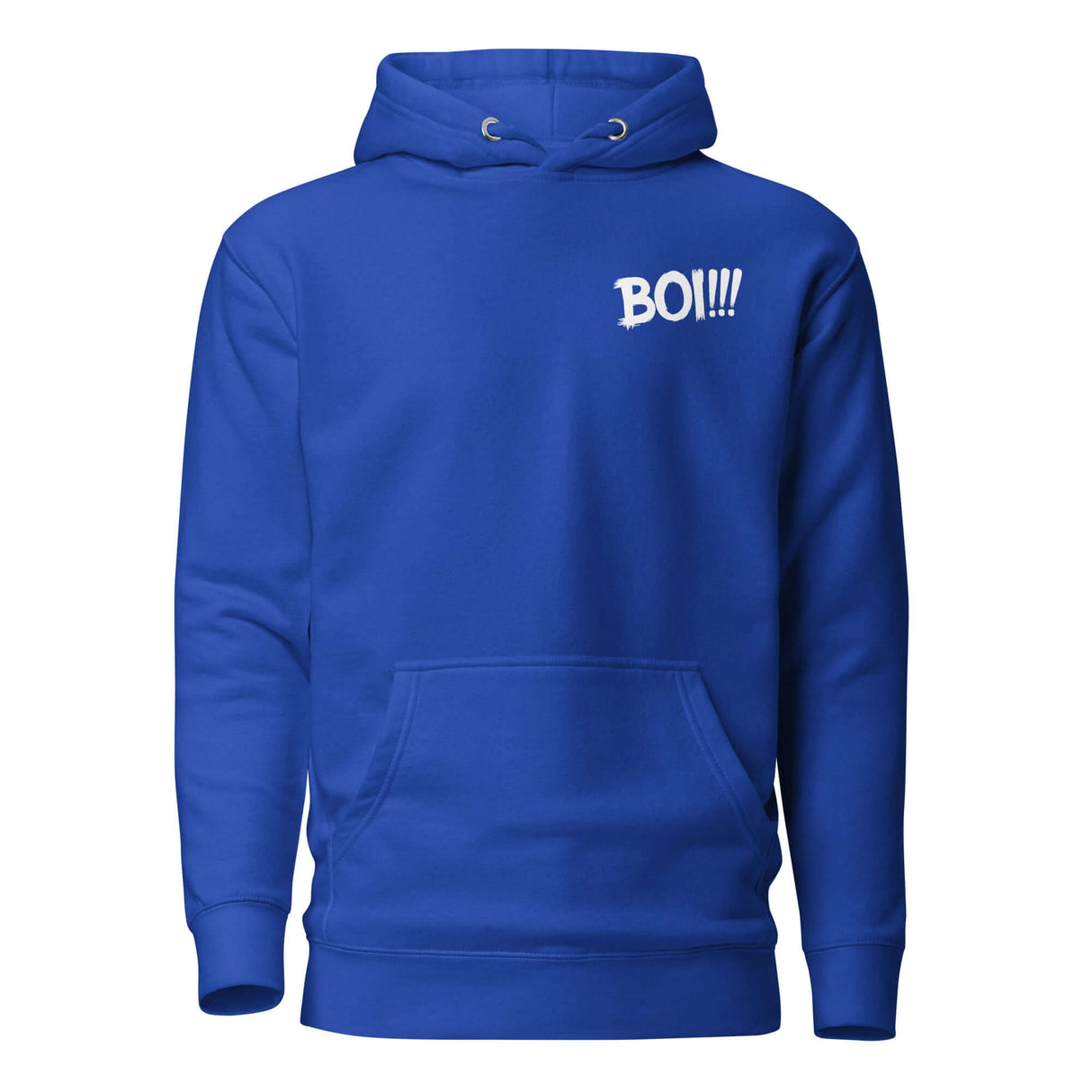 Blue "BOI!!!" hoodie inspired by mentorship, featuring minimalist design on front.