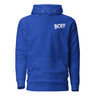 Blue "BOI!!!" hoodie inspired by mentorship, featuring minimalist design on front.