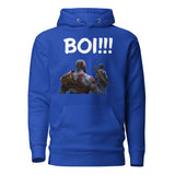 Blue hoodie with "BOI!!!" text and silhouette of a mentor and young protégé design, inspired by epic mentoring tales.