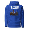 Blue hoodie with "BOI!!!" text and silhouette of a mentor and young protégé design, inspired by epic mentoring tales.