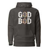 "Divine Power GOD BOD Hoodie with Ancient Greek Font and Muscular Deity Silhouette, Dark Green, Bold White Letters"